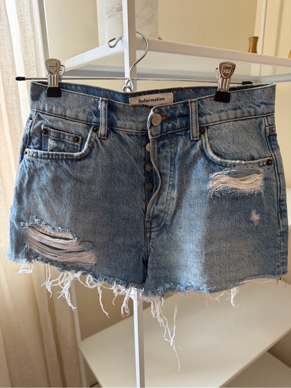 Reformation Medium Blue Distressed High-Rise Denim Cutoffs